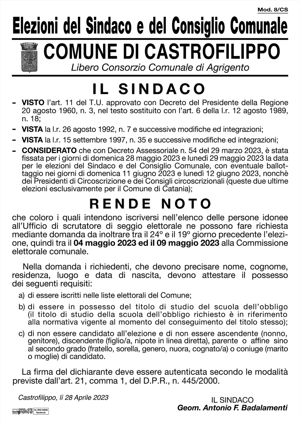 Elezioni comunali 2023- iscrizione scrutatori